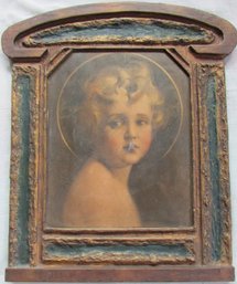 Vintage Wall Art Print, 'LIGHT Of The WORLD,' Depiction Of Christ Child, Appx 17' X 15,' Arts & Crafts Frame