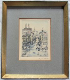 Vintage ARCHITECTURAL Print, European City Street Scene, Appx 12' X 10,' Gold Metallic Finish Frame