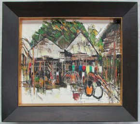 Signed MUKMANEE, Original PAINTING On BOARD, 'HOUSES,' COA, Appx 17.5' X 16' Size, Black Frame