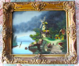 Antique Reverse PAINTING On Glass, Colorful WINDMILL Pastoral, Appx 26.5' X 22.5' Size, Opulent Frame