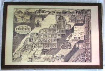 Vintage LE COUNT BROS. Print, 'MINING ON THE COMSTOCK,' Appx 36.5' X 24.5,' Simple Wood Frame