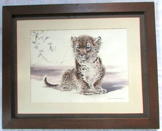 Signed RALPH THOMPSON, Original WATERCOLOR On Paper, Baby LEOPARD CUB Kitten, Appx 31' X 25' Size, Wood Frame