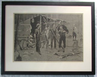 Vintage FREDERICK REMINGTON Print, 'a GOOD DAY'S HUNTING In The ADIRONDACKS,' Appx 26' X 21.5,' Black Frame