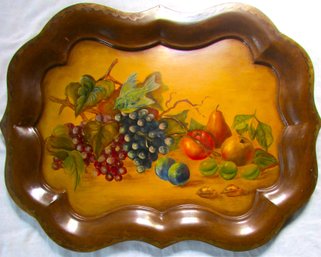 Vintage TOLEWARE Tray, Hand Painted BIRD & FRUIT Design, Scalloped Edge, Large Appx 29' X 22'