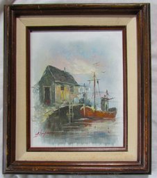 Signed A. SIMPSON, Original PAINTING On CANVAS, Seaside Shack & Boat, Appx 14.5' X 12.5' Size, Nicely Framed