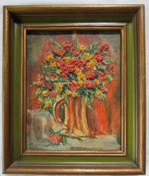 Signed FLORENCE PASTERNAK, Original PAINTING On BOARD, Textured PITCHER Of FLOWERS, Appx 14.5' X 12.5,' Framed