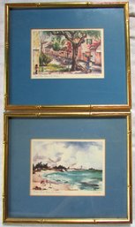Lot Of 2! Vintage V. CARLTON Prints, NASSAU BAHAMAS Scenes, Appx 12.5' X 11,' Gold Finish FAUX BAMBOO Frames