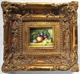 Vintage PAINTING On BOARD, Colorful FRUIT Still Life, Appx 10' X 9,' Elaborate Gold Finish Frame
