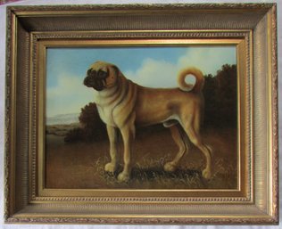 Original PAINTING On CANVAS, Stately PORTRAIT Of A PUG Canine, Appx 32' X 26' Size, Magnificent Gold Frame