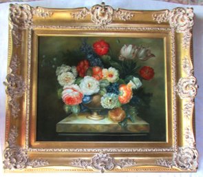 Signed L. SIMON, Original PAINTING On CANVAS, Multicolor FLORAL Still Life, Appx 34' X 30' Size, Gold Frame