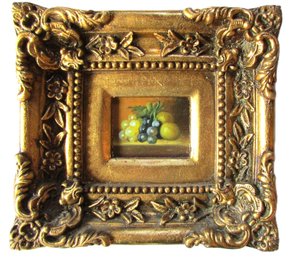 Vintage PAINTING On BOARD, Colorful FRUIT Still Life, Appx 10' X 9,' Elaborate Gold Finish Frame
