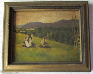 Vintage PAINTING On BOARD, Three 3 GIRLS In A FIELD, Appx 13' X 11' Size, Framed