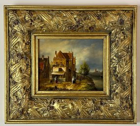 European School Oil On Panel Of Town Scene