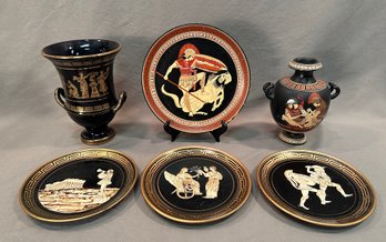 Lot Of 6 Greek Decorative Pottery Plates And Vessel