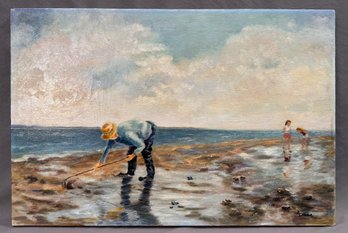 American School, Impressionist Oil On Canvas  Clam Digging At Esker Point Beach