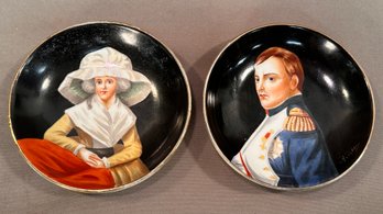Pair Vintage Richard Ginori Hand Painted Circular Dishes Depicting Napoleon And Mrs. Smith