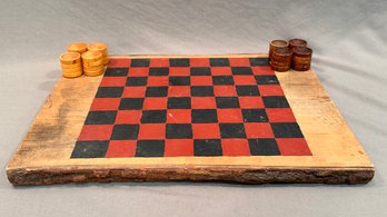 Vintage Oak Wood Hand Painted Game Board With Tokens