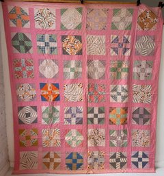 Vintage 1930s-1940s Handmade Cross Block Pattern Quilt  (Full Size 86' X 74')