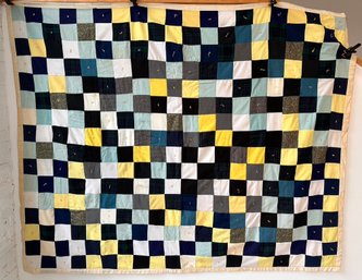 Vintage 1970s Patchwork Color Block Square Quilt, Full Size (82' X 66')