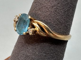 14K Yellow Gold Blue Topaz And Diamonds Ring, Size 7