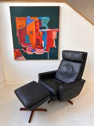 Ib-Kofod Larsen For Bovenkamp Black Leather Lounge Chair With Ottoman, Mid Century MCM