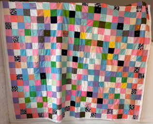 Vintage 1970s Patchwork Color Block Square Quilt, Queen Size (85' X 99')