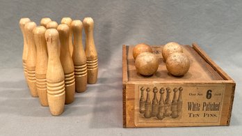 Antique Ten Pins Table Top Wooden Bowling Set In Box