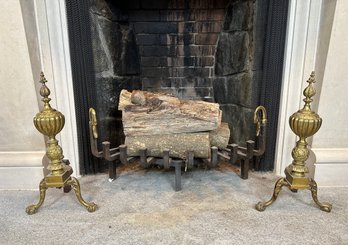 Pair Of Chippendale Style Gilt Bronze Andirons And Fireplace Grate