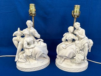 Pair Of White Dresden Bisque Porcelain Lamps