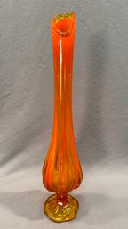 16' L E Smith Orange Ribbed Footed Swung Glass Vase