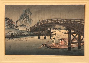 Keisai Eisen: Riverboat In Rain Woodblock Print