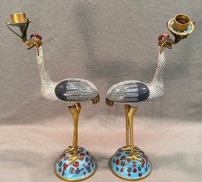 19th-C. Chinese Gilt Bronze And Cloisonne Crane Candlesticks