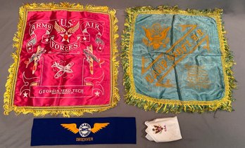 (2) WWII Silk Sweetheart Pillow Shams, Felt Armband And Handkerchief