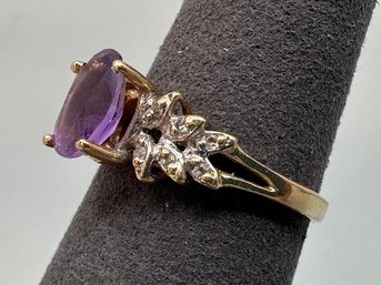 Vintage 14K Yellow Gold, Amythest And Diamond Cocktail Ring, Size 7
