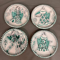Set Of 4 Mid Century Ciaurro Orvieto Plates Green/Cream Hand Painted