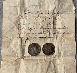 1829 & 1832 (2) Capped Bust Silver 1/2 Dimes Note From Grandma
