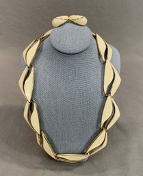 Trifari White Enamel Necklace With Matching Earclips