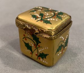 Limoges Hand Painted Gold Square Box With Holly , 1' Square