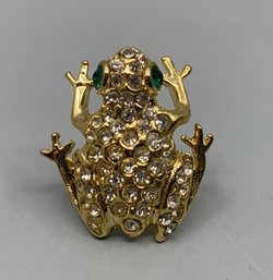 Vintage Gold Tone Rhinestone Frog Brooch, 3/4'