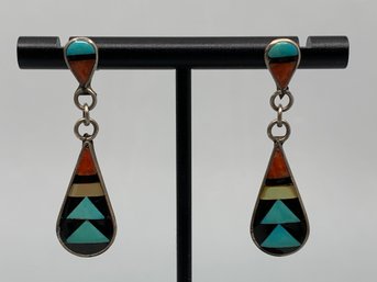 Pair Of C.H. Booqua Zuni Silver Drop Pendant Earrings, 1.5'