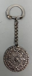Mexican Sterling Silver Aztec Calendar Disk Keychain, L 4'
