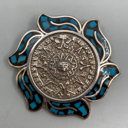 Mexican Sterling Silver And Turquoise Circular Calendar Pendant Brooch, D 1.75'
