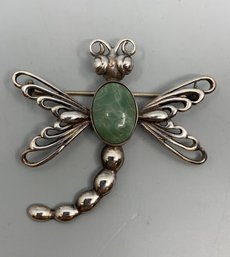 Sterling Silver And Green Turquoise Dragonfly Brooch, L 2' X 2' W