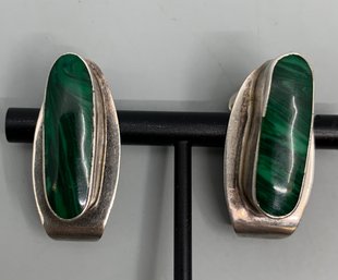 Pair Of Mexican Sterling Silver And Malachite Earclips, L 1.25'