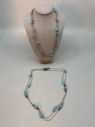 Pair Of Sterling, Turquoise, Wood And Coral Bead Necklace, 32' & 36' L