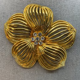 Gold Toned And CZ 5 Petal Flower Brooch, 2.5'
