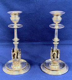 Pair Of Vintage Silver-Plate Candlesticks With Swan Motif