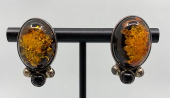 Amy Kahn Russell Sterling Silver And Amber Cabochon Pierced Earrings