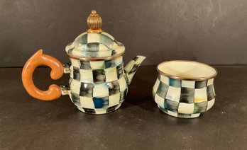 MacKenzie Childs Courtly Check Enamel Teapot & Open Sugar Bowl