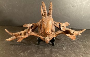 Antique Black Forest Hand Carved Mountain Goat Hanging Hat Rack